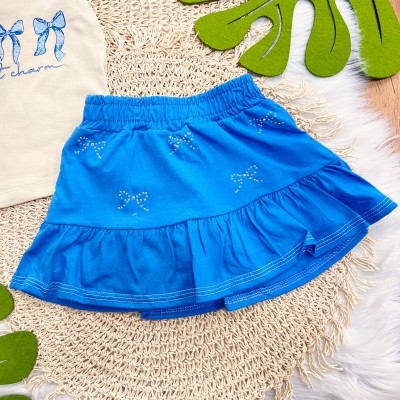 Conj. Regata Lacinhos e Short Saia com Strass - Areia e Azul